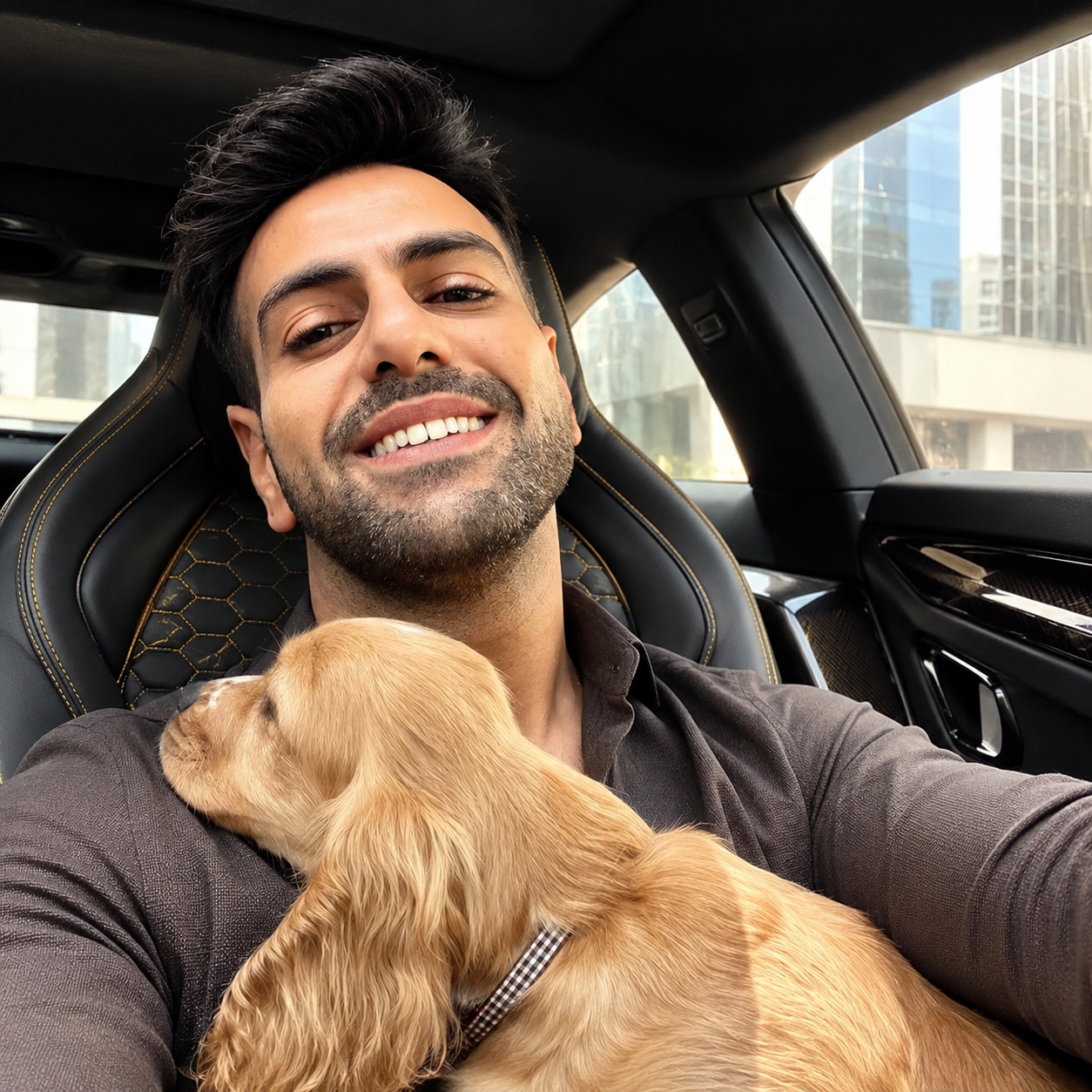 Founder candid frame during travel with a dog