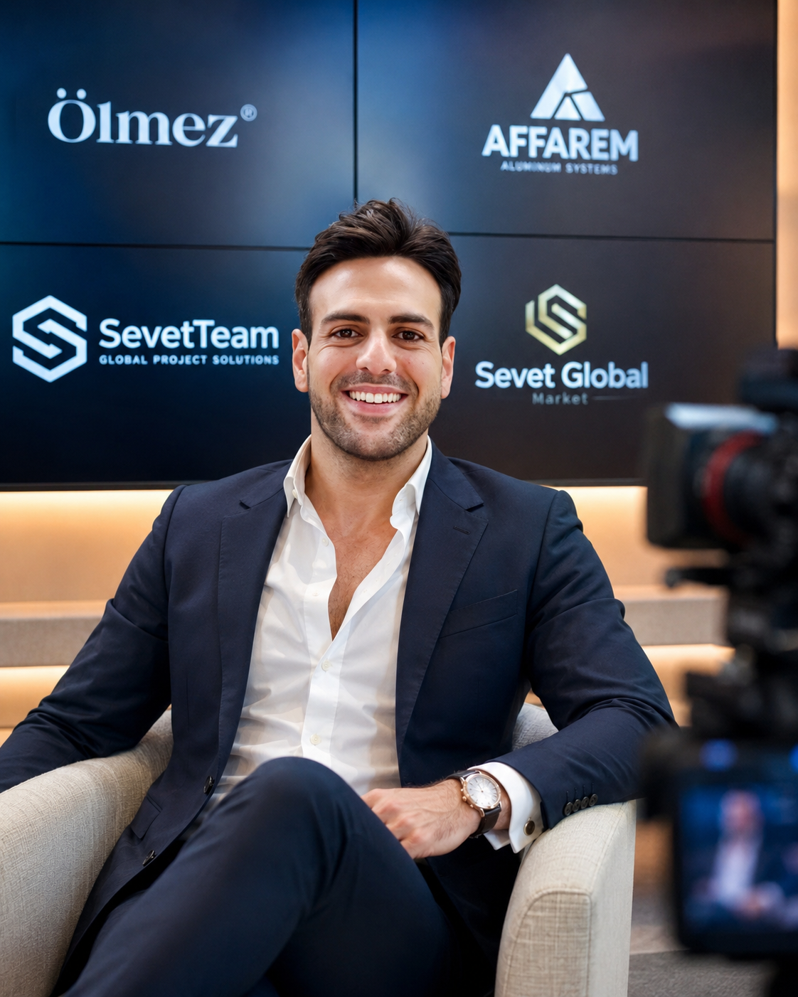 Founder seated for an interview in a red chair
