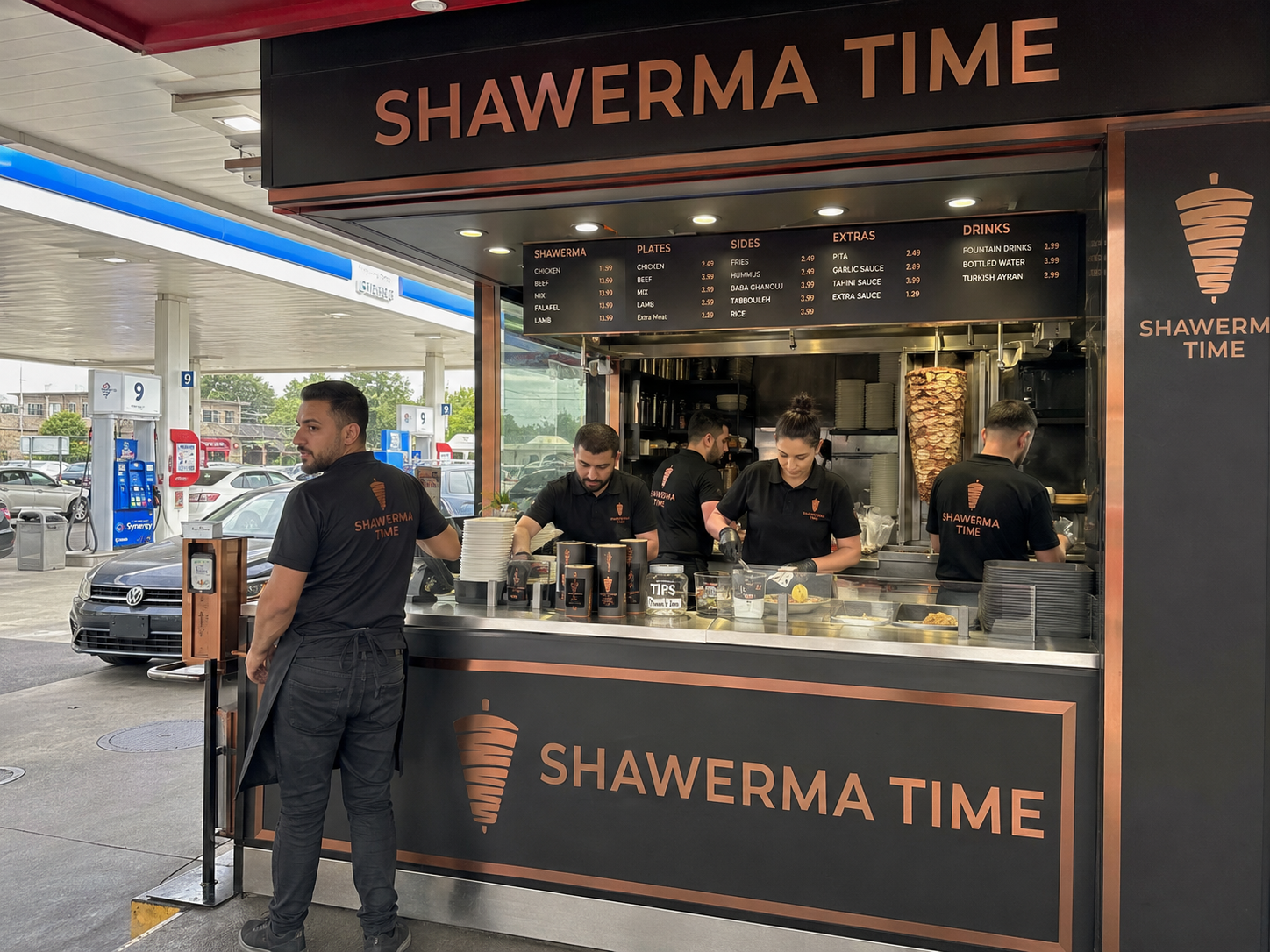 Shawarma Time storefront on a fuel corridor with operator at the counter